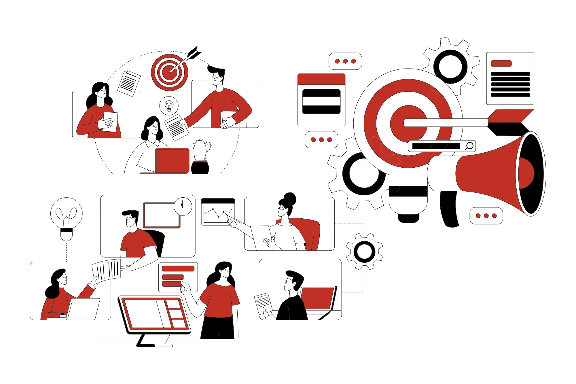 Zespół agencji marketingowej podczas pracy strategicznej – laptop, notatki, burza mózgów przy stole konferencyjnym