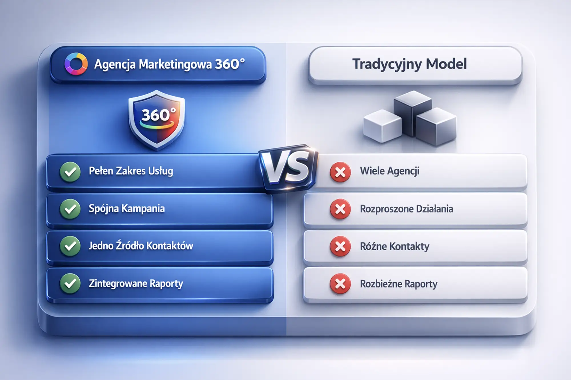 Porównanie modelu agencji marketingowej 360° i tradycyjnej agencji – schemat podejścia strategicznego