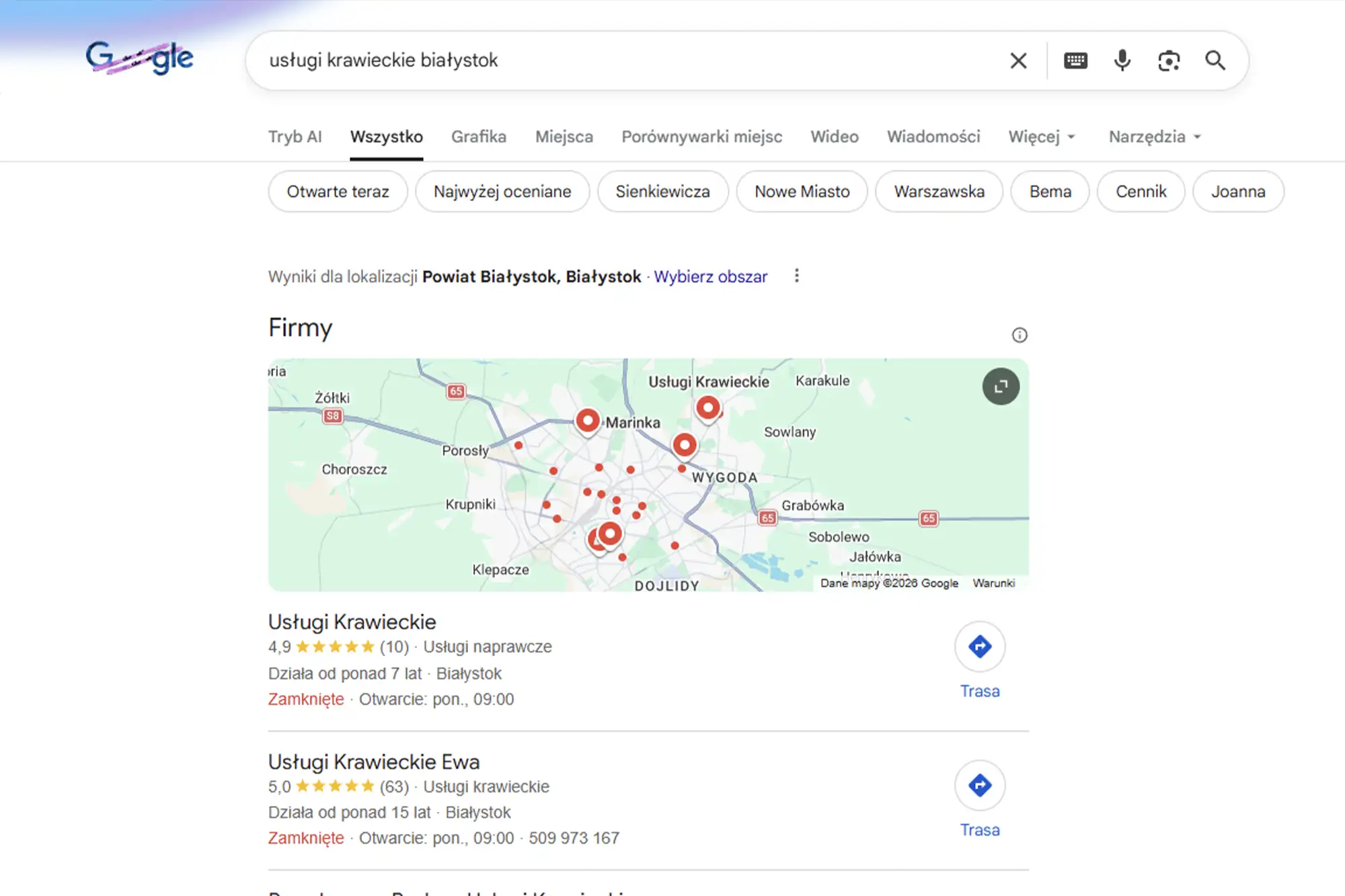 Wyniki wyszukiwania Google Maps dla frazy 'usługi krawieckie Białystok' – przykład działającego SEO lokalnego