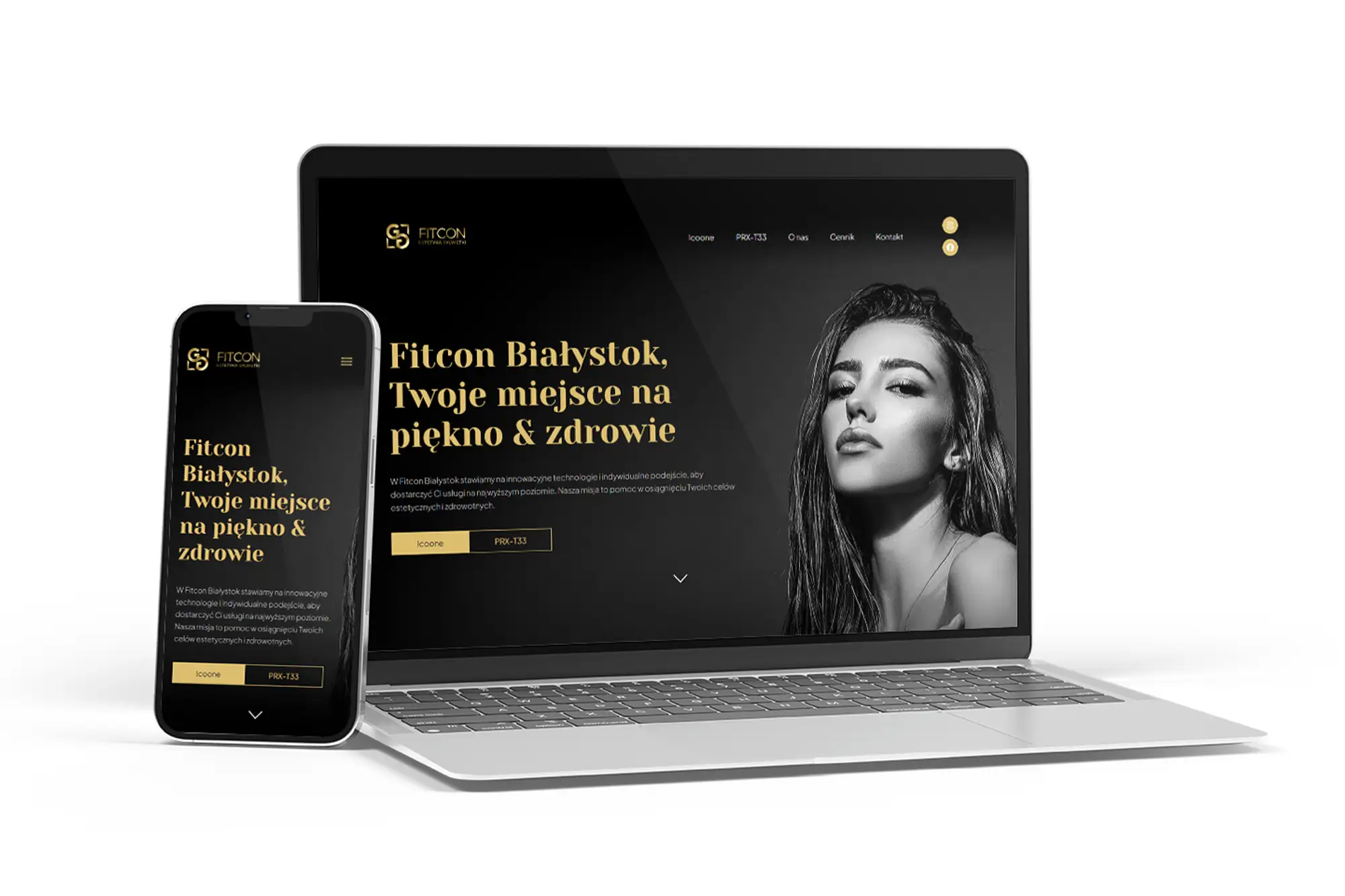 Responsywna strona internetowa Fitcon Białystok – widok na laptopie i smartfonie, studio kosmetyczne RWD